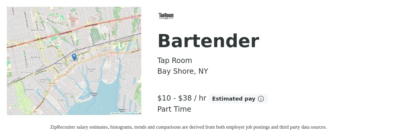Tap Room job posting for a Bartender in Bay Shore, NY with a salary of $11 to $40 Hourly with a map of Bay Shore location.