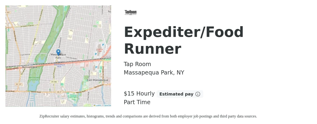 Tap Room job posting for a Expediter/Food Runner in Massapequa Park, NY with a salary of $16 Hourly with a map of Massapequa Park location.