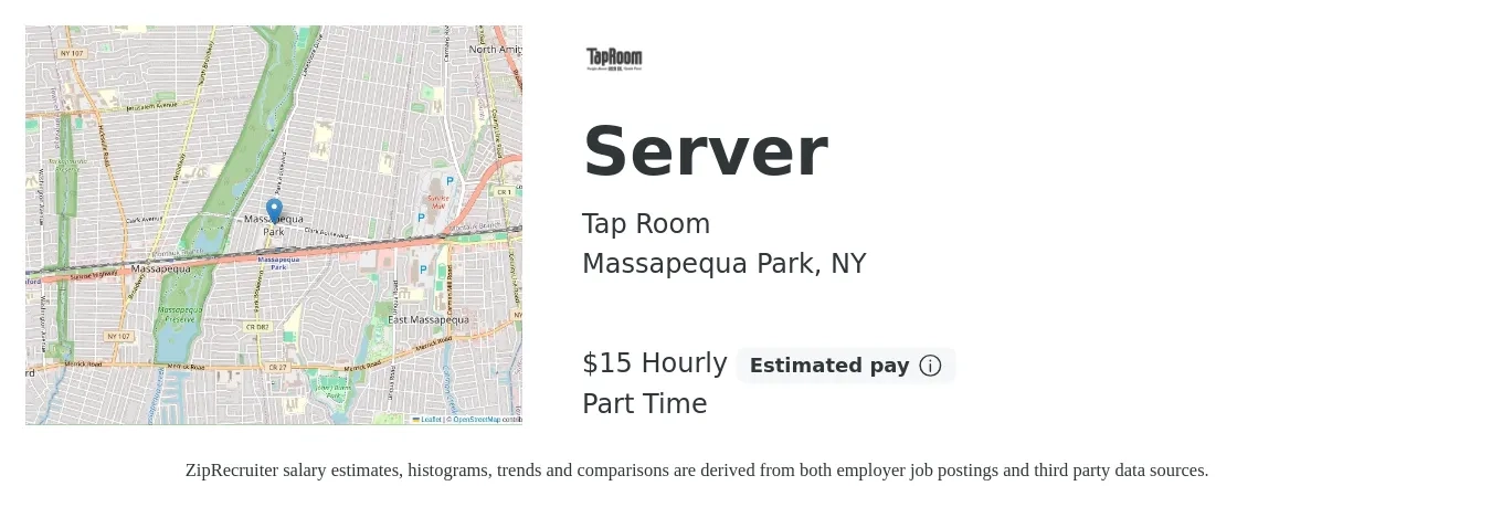 Tap Room job posting for a Server in Massapequa Park, NY with a salary of $16 Hourly with a map of Massapequa Park location.