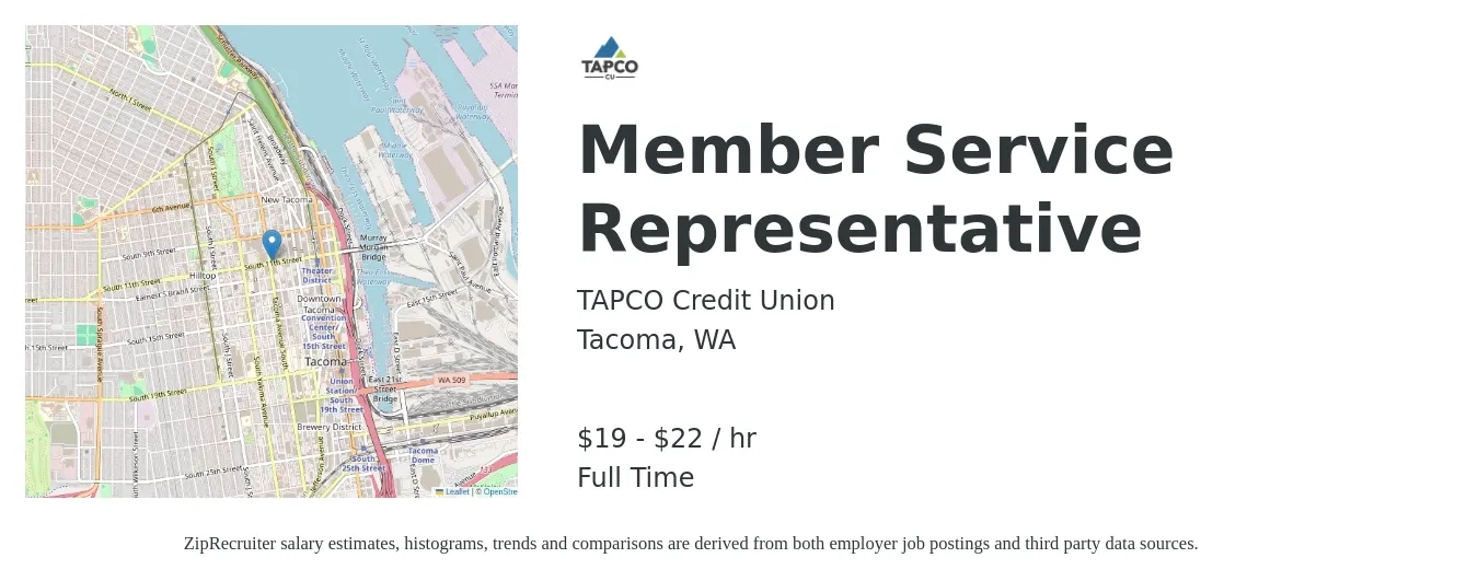 TAPCO Credit Union job posting for a Member Service Representative in Tacoma, WA with a salary of $20 to $23 Hourly with a map of Tacoma location.