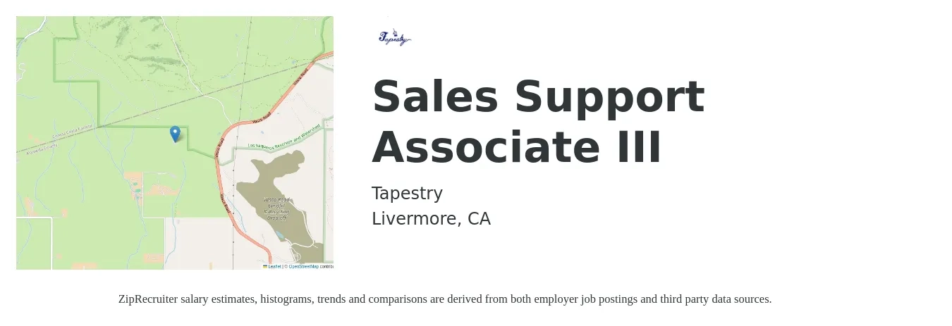 Tapestry job posting for a Sales Support Associate III in Livermore, CA with a salary of $20 to $26 Hourly with a map of Livermore location.