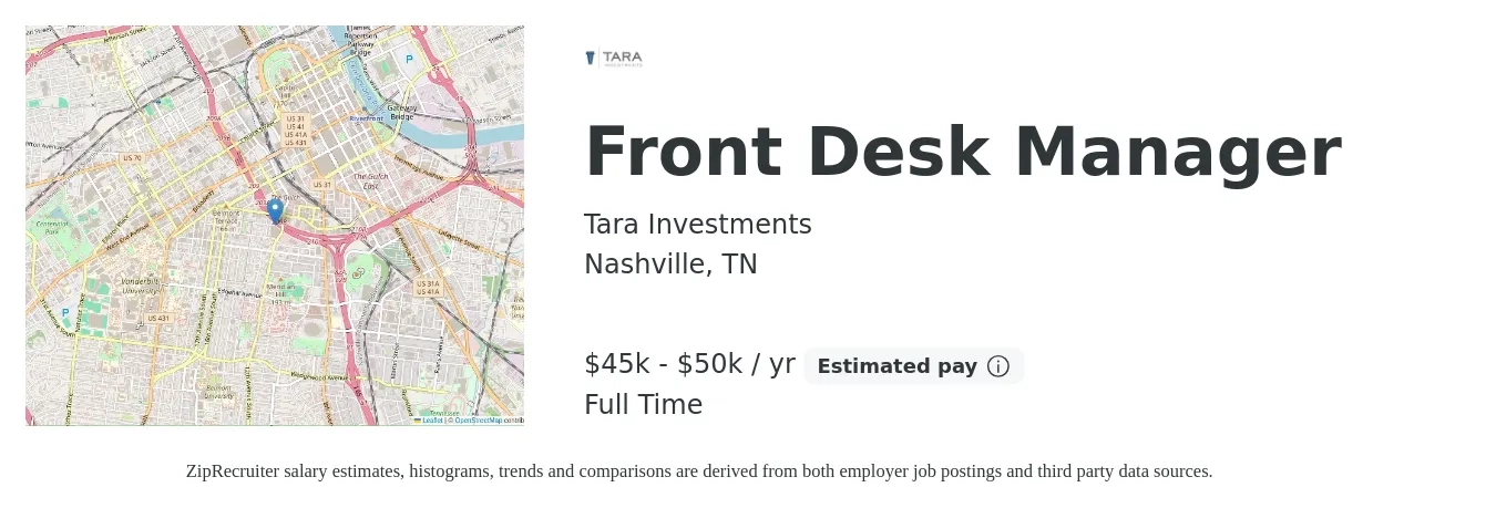 Tara Investments job posting for a Front Desk Manager in Nashville, TN with a salary of $45,000 to $50,000 Yearly with a map of Nashville location.