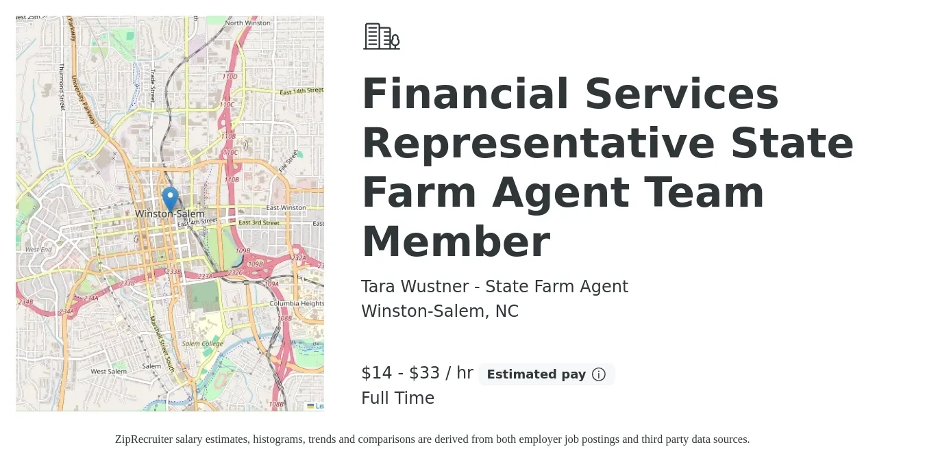 Tara Wustner - State Farm Agent job posting for a Financial Services Representative State Farm Agent Team Member in Winston-Salem, NC with a salary of $15 to $35 Hourly with a map of Winston-Salem location.