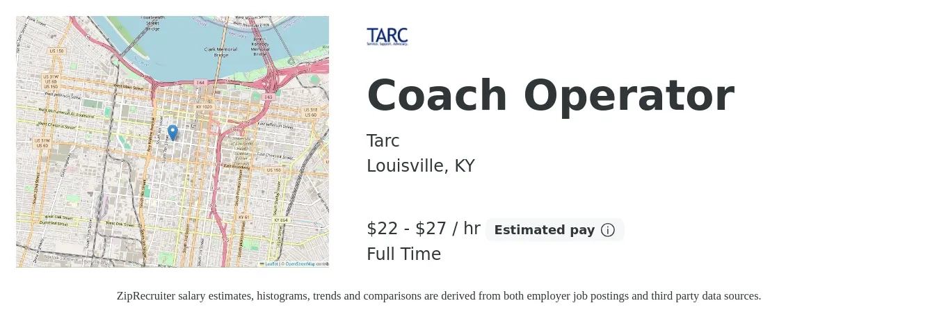 Tarc job posting for a Coach Operator in Louisville, KY with a salary of $23 to $29 Hourly with a map of Louisville location.