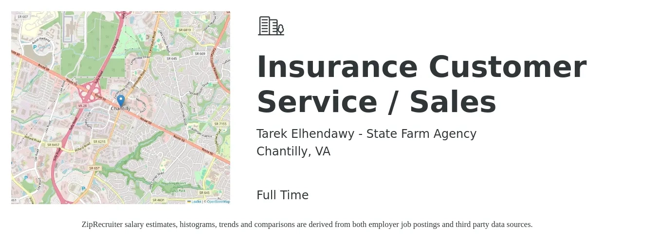 Tarek Elhendawy - State Farm Agency job posting for a Insurance Customer Service / Sales in Chantilly, VA with a salary of $18 to $27 Hourly with a map of Chantilly location.