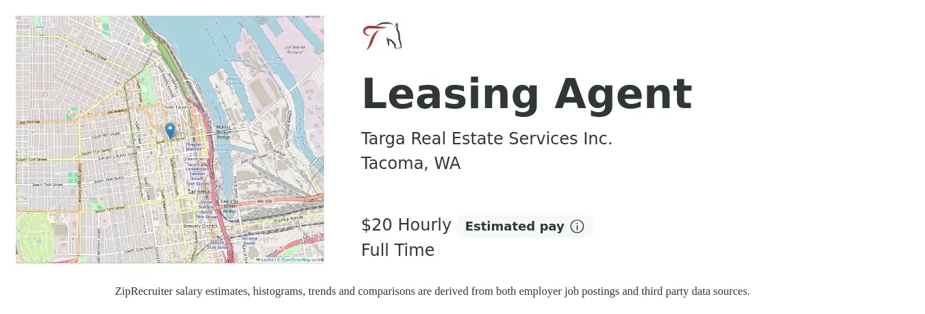 Targa Real Estate Services Inc. job posting for a Leasing Agent in Tacoma, WA with a salary of $21 Hourly with a map of Tacoma location.