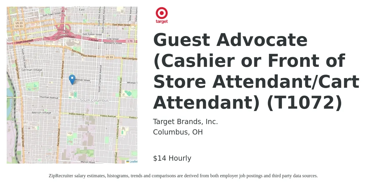 Target Brands, Inc. job posting for a Guest Advocate (Cashier or Front of Store Attendant/Cart Attendant) (T1072) in Columbus, OH with a salary of $15 Hourly with a map of Columbus location.