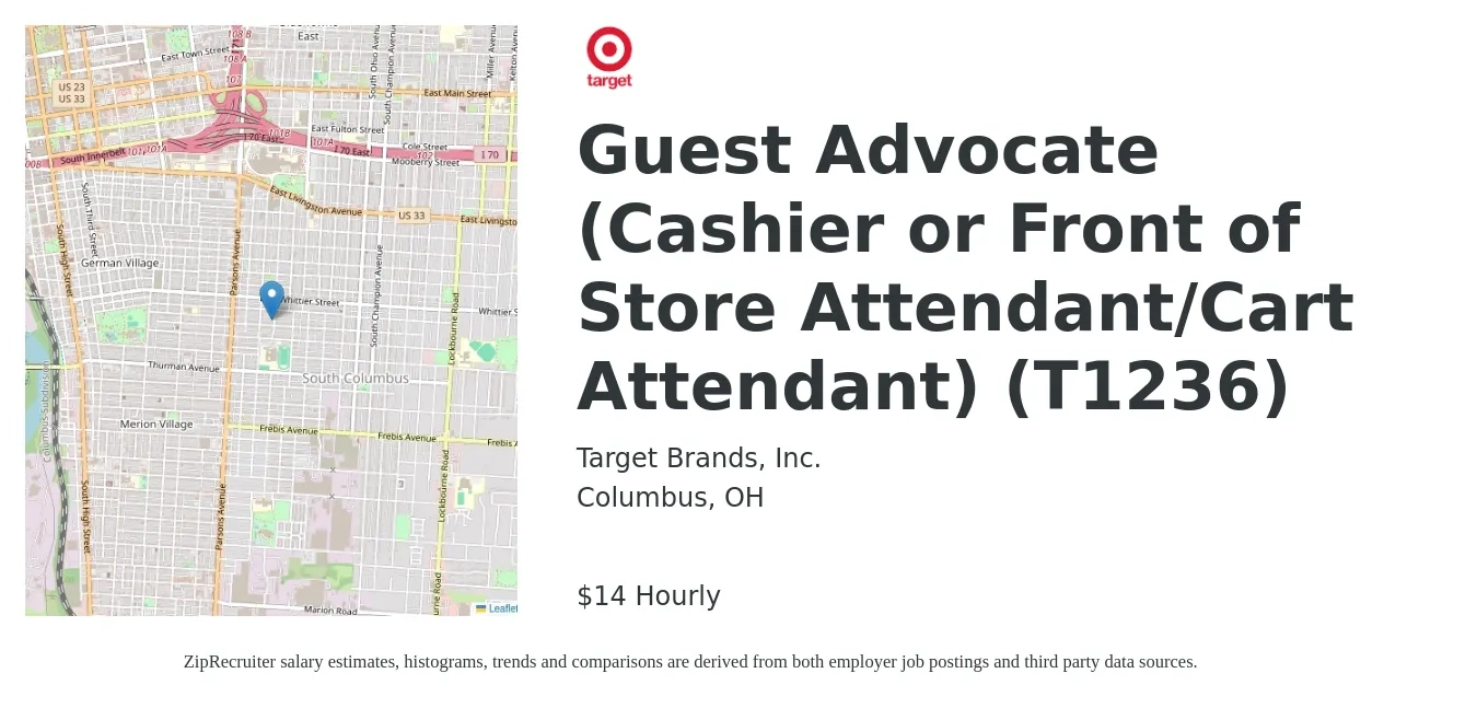 Target Brands, Inc. job posting for a Guest Advocate (Cashier or Front of Store Attendant/Cart Attendant) (T1236) in Columbus, OH with a salary of $15 Hourly with a map of Columbus location.