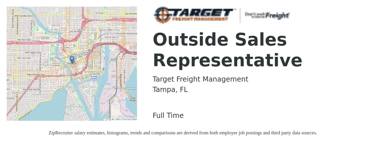Target Freight Management job posting for a Outside Sales Representative in Tampa, FL with a salary of $70,000 Yearly with a map of Tampa location.