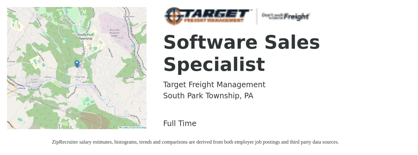 Target Freight Management job posting for a Software Sales Specialist in South Park Township, PA with a salary of $50,000 to $70,000 Yearly with a map of South Park Township location.