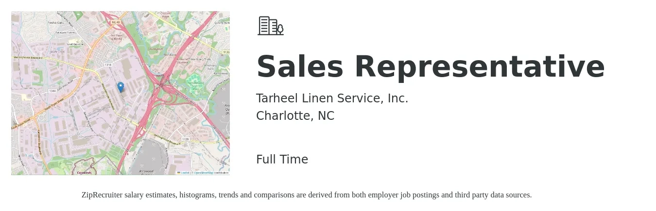 Tarheel Linen Service, Inc. job posting for a Sales Representative in Charlotte, NC with a salary of $52,800 to $91,800 Yearly with a map of Charlotte location.