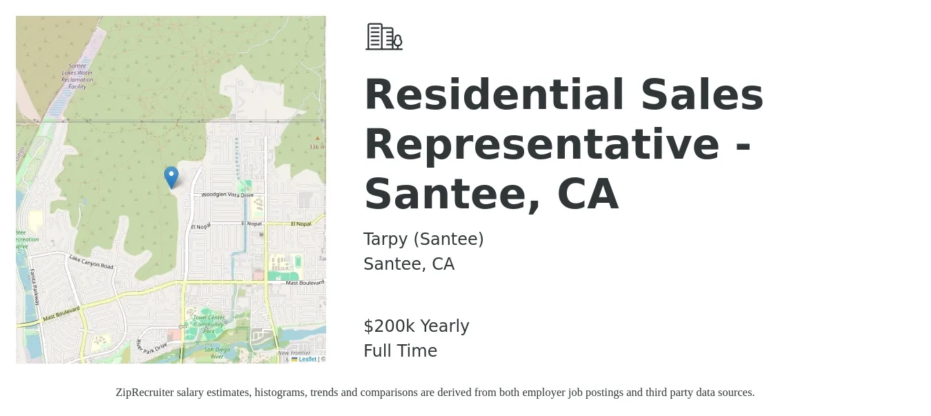 Tarpy (Santee) job posting for a Residential Sales Representative - Santee, CA in Santee, CA with a salary of $200,000 Yearly with a map of Santee location.