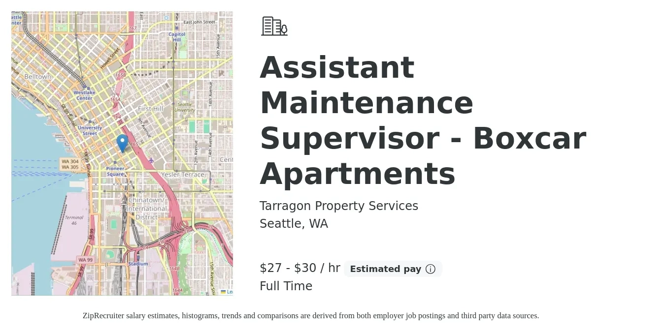 Tarragon Property Services job posting for a Assistant Maintenance Supervisor - Boxcar Apartments in Seattle, WA with a salary of $29 to $32 Hourly with a map of Seattle location.