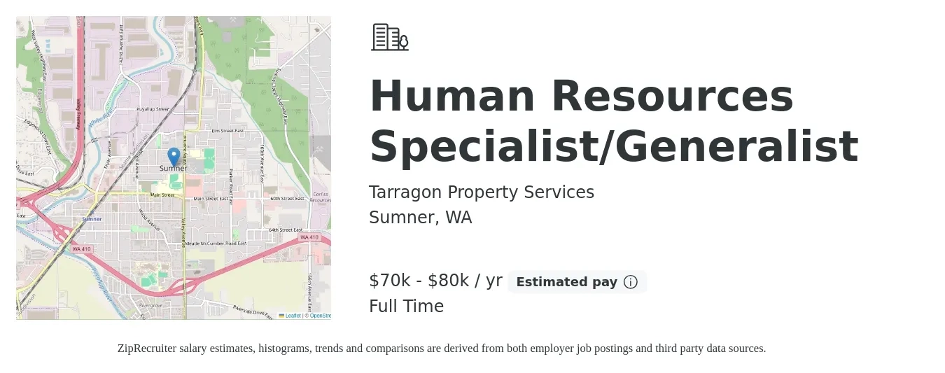 Tarragon Property Services job posting for a Human Resources Specialist/Generalist in Sumner, WA with a salary of $70,000 to $80,000 Yearly with a map of Sumner location.