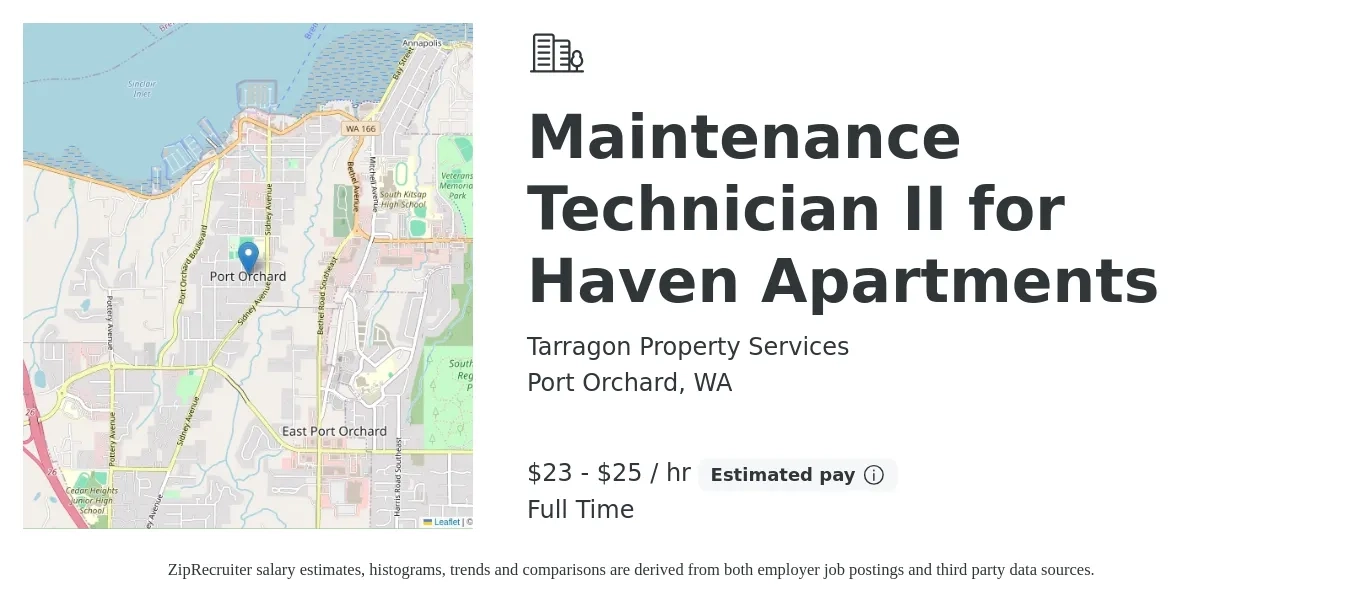 Tarragon Property Services job posting for a Maintenance Technician II for Haven Apartments in Port Orchard, WA with a salary of $24 to $26 Hourly with a map of Port Orchard location.