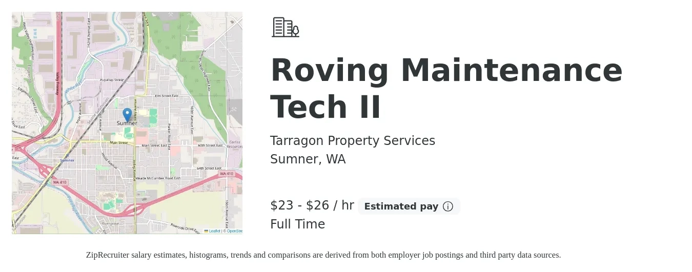 Tarragon Property Services job posting for a Roving Maintenance Tech II in Sumner, WA with a salary of $24 to $28 Hourly with a map of Sumner location.