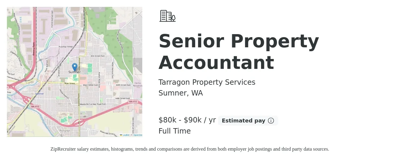 Tarragon Property Services job posting for a Senior Property Accountant in Sumner, WA with a salary of $80,000 to $90,000 Yearly with a map of Sumner location.