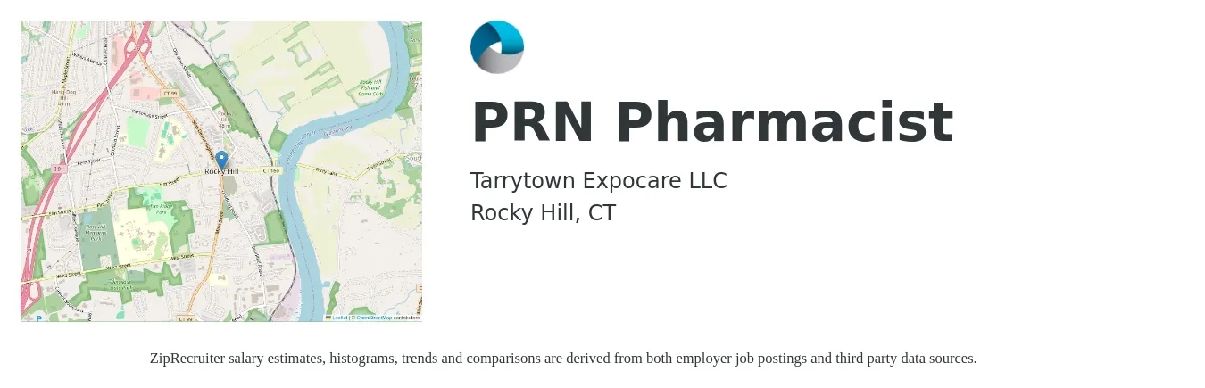 Tarrytown Expocare LLC job posting for a PRN Pharmacist in Rocky Hill, CT with a salary of $56 to $67 Hourly with a map of Rocky Hill location.