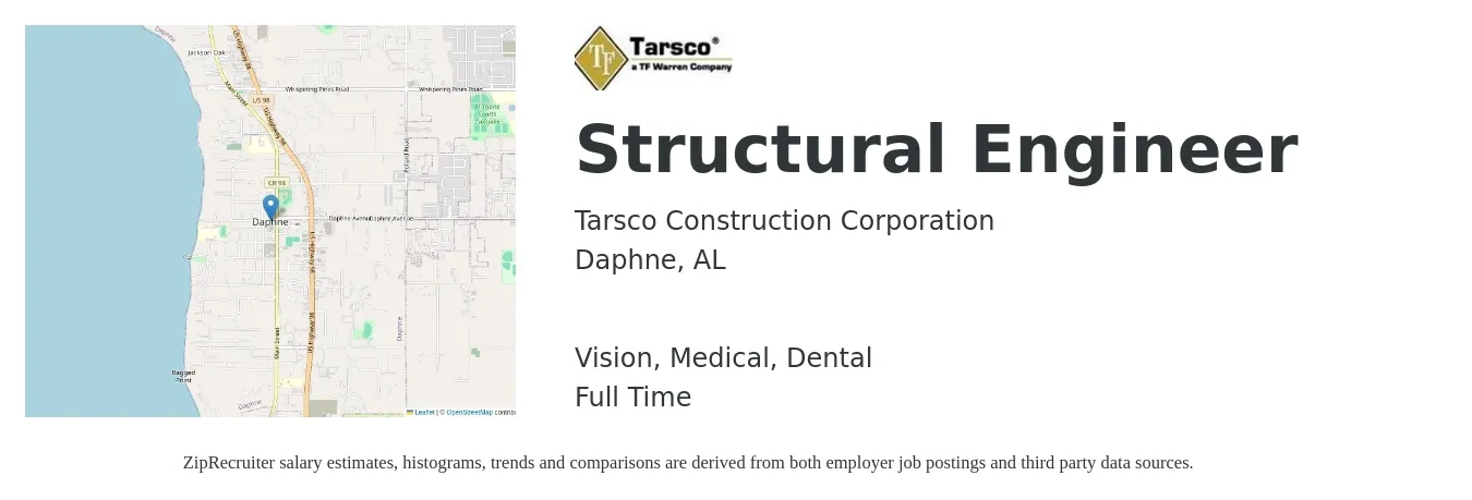 Tarsco Construction Corporation job posting for a Structural Engineer in Daphne, AL with a salary of $69,600 to $98,300 Yearly and benefits including retirement, vision, dental, life_insurance, and medical with a map of Daphne location.