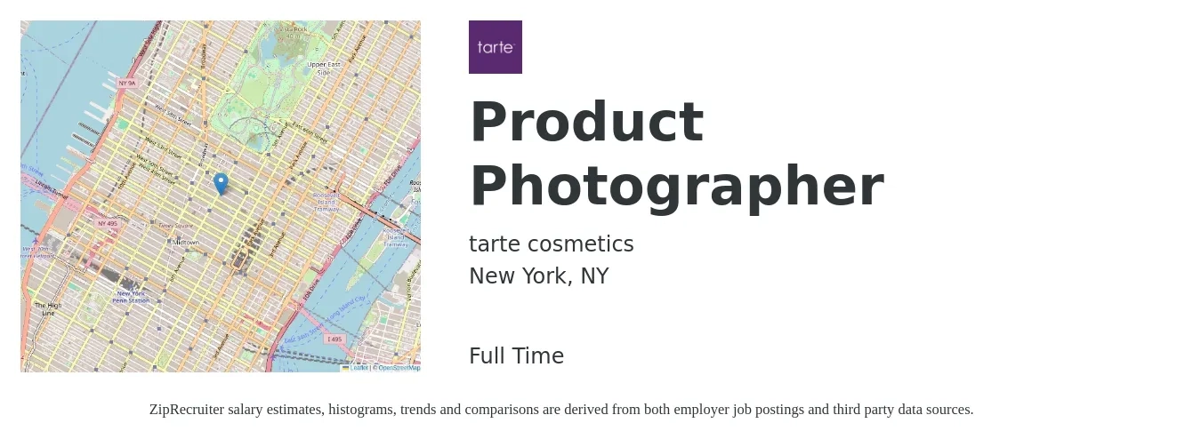 tarte cosmetics job posting for a Product Photographer in New York, NY with a salary of $75,000 to $85,000 Yearly with a map of New York location.