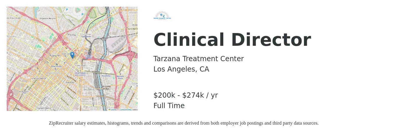 Tarzana Treatment Center job posting for a Clinical Director in Los Angeles, CA with a salary of $200,000 to $274,000 Yearly with a map of Los Angeles location.