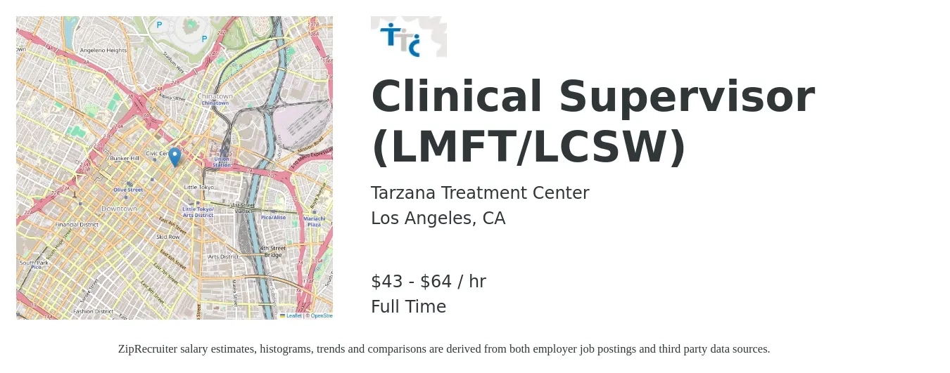 Tarzana Treatment Center job posting for a Clinical Supervisor (LMFT/LCSW) in Los Angeles, CA with a salary of $45 to $68 Hourly with a map of Los Angeles location.