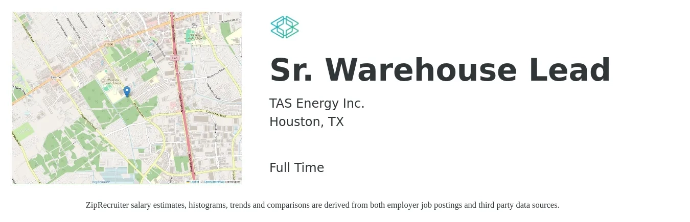 TAS Energy Inc. job posting for a Sr. Warehouse Lead in Houston, TX with a salary of $22 to $30 Hourly with a map of Houston location.