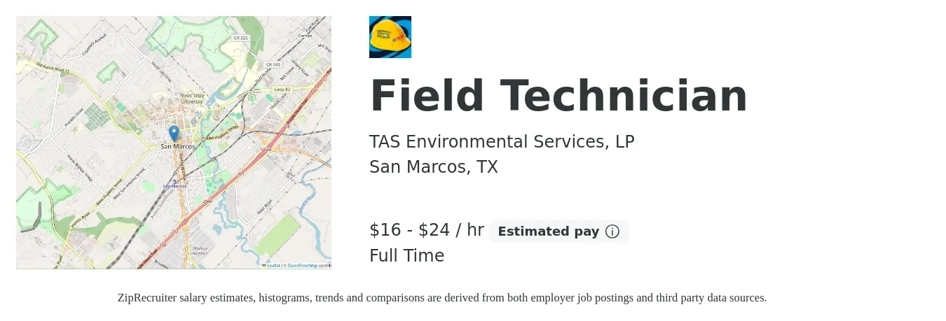 TAS Environmental Services, LP job posting for a Field Technician in San Marcos, TX with a salary of $17 to $25 Hourly with a map of San Marcos location.