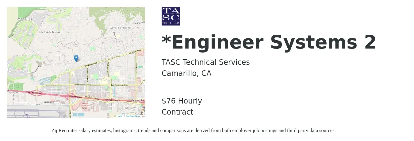 TASC Technical Services job posting for a *Engineer Systems 2 in Camarillo, CA with a salary of $80 Hourly with a map of Camarillo location.