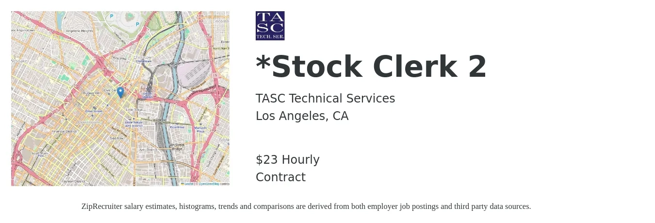 TASC Technical Services job posting for a *Stock Clerk 2 in Los Angeles, CA with a salary of $24 Hourly with a map of Los Angeles location.