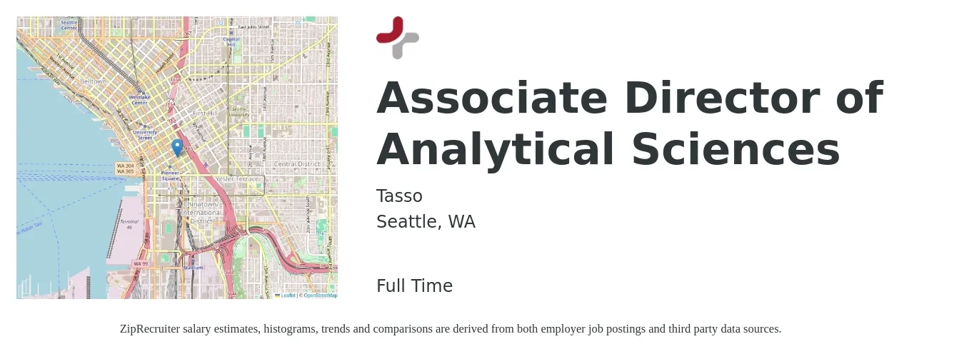 Tasso job posting for a Associate Director of Analytical Sciences in Seattle, WA with a salary of $120,000 to $165,000 Yearly with a map of Seattle location.