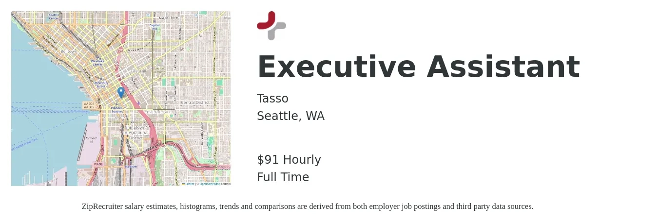 Tasso job posting for a Executive Assistant in Seattle, WA with a salary of $95,000 to $130,000 Yearly with a map of Seattle location.