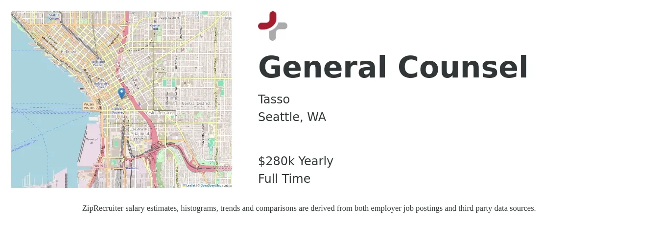 Tasso job posting for a General Counsel in Seattle, WA with a salary of $250,000 to $280,000 Yearly with a map of Seattle location.