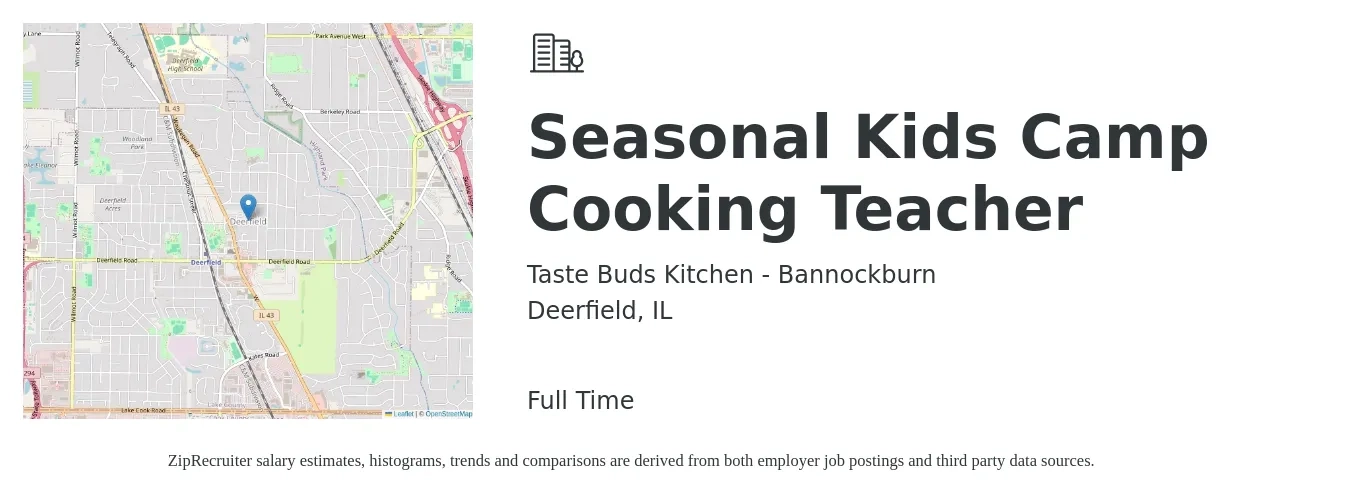 Taste Buds Kitchen - Bannockburn job posting for a Seasonal Kids Camp Cooking Teacher in Deerfield, IL with a salary of $20 to $28 Hourly with a map of Deerfield location.