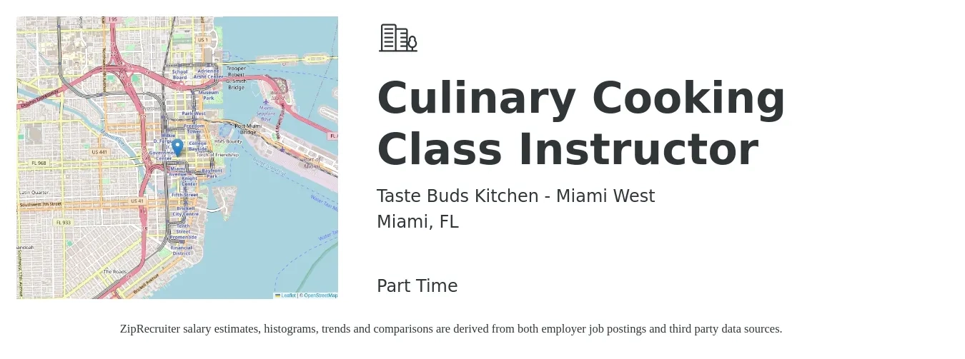 Taste Buds Kitchen - Miami West job posting for a Culinary Cooking Class Instructor in Miami, FL with a salary of $20 to $25 Hourly with a map of Miami location.