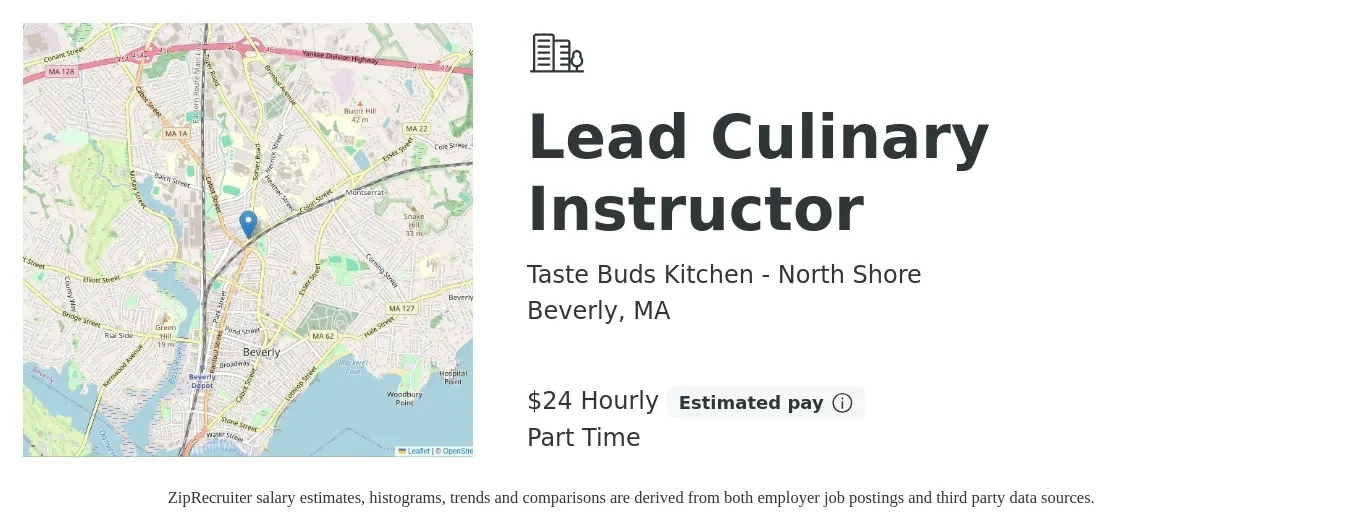 Taste Buds Kitchen - North Shore job posting for a Lead Culinary Instructor in Beverly, MA with a salary of $25 Hourly with a map of Beverly location.