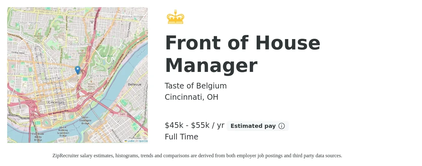 Taste of Belgium job posting for a Front of House Manager in Cincinnati, OH with a salary of $55,000 to $60,000 Yearly with a map of Cincinnati location.