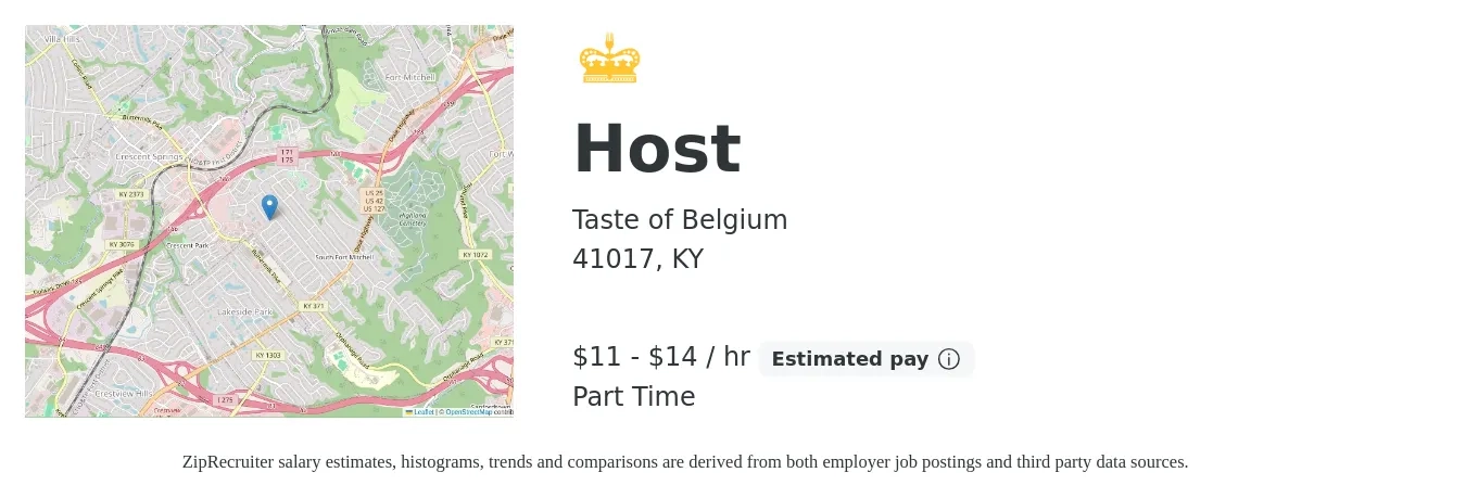 Taste of Belgium job posting for a Host in 41017, KY with a salary of $12 to $15 Hourly with a map of 41017 location.