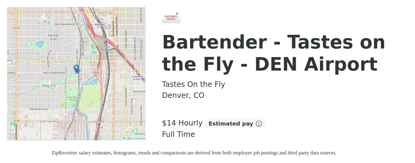 Tastes On the Fly job posting for a Bartender - Tastes on the Fly - DEN Airport in Denver, CO with a salary of $15 Hourly with a map of Denver location.