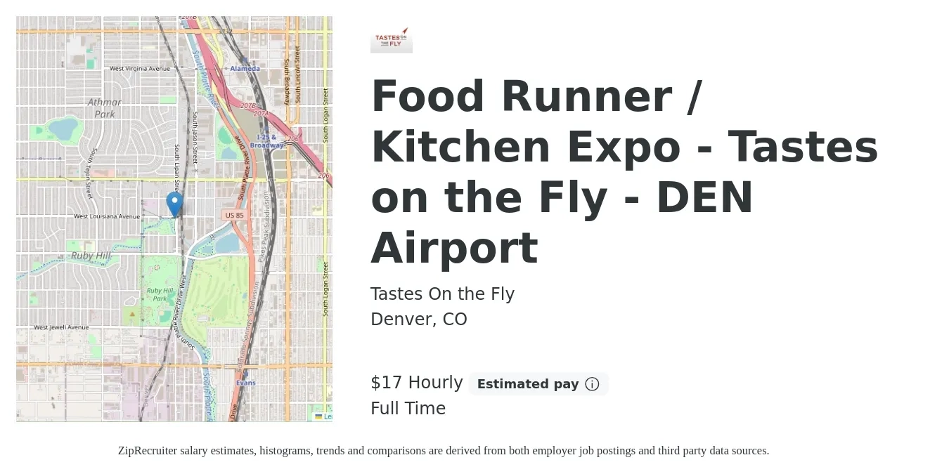 Tastes On the Fly job posting for a Food Runner / Kitchen Expo - Tastes on the Fly - DEN Airport in Denver, CO with a salary of $11 to $17 Hourly with a map of Denver location.