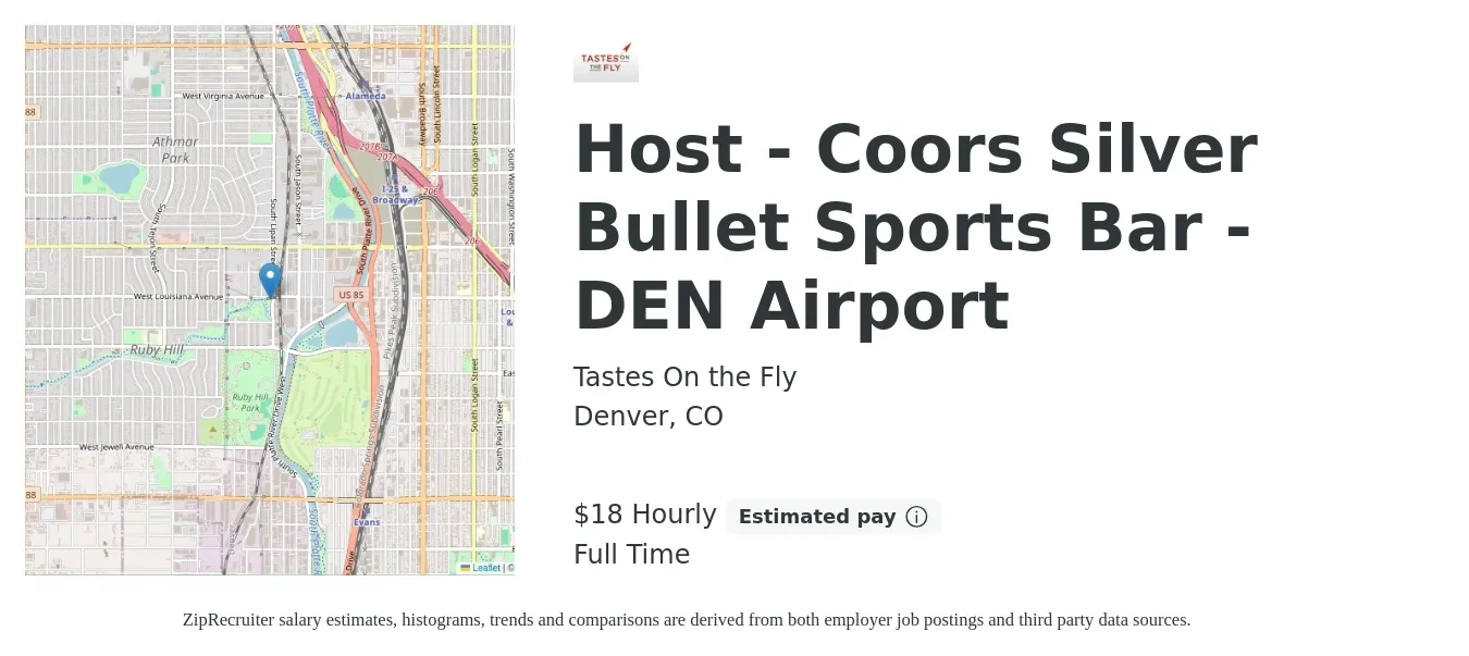 Tastes On the Fly job posting for a Host - Coors Silver Bullet Sports Bar - DEN Airport in Denver, CO with a salary of $19 Hourly with a map of Denver location.