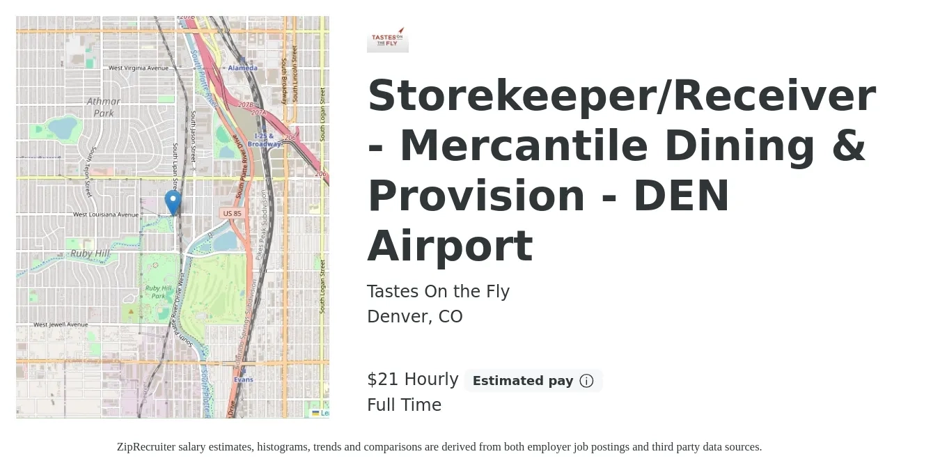 Tastes On the Fly job posting for a Storekeeper/Receiver - Mercantile Dining & Provision - DEN Airport in Denver, CO with a salary of $22 Hourly with a map of Denver location.
