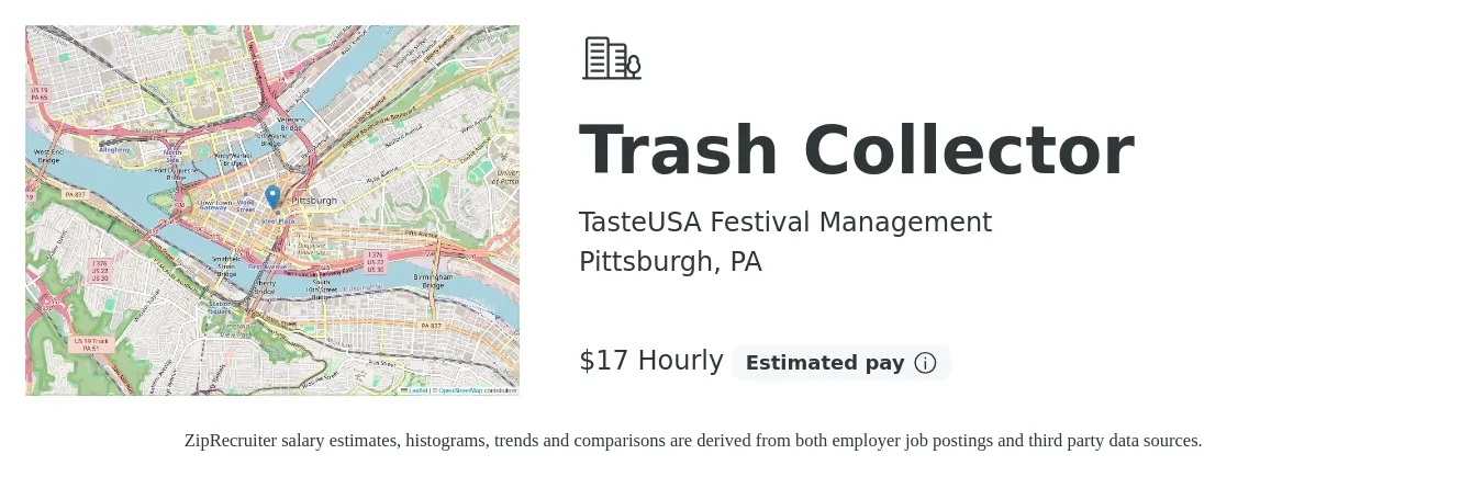 TasteUSA Festival Management job posting for a Trash Collector in Pittsburgh, PA with a salary of $18 Hourly with a map of Pittsburgh location.