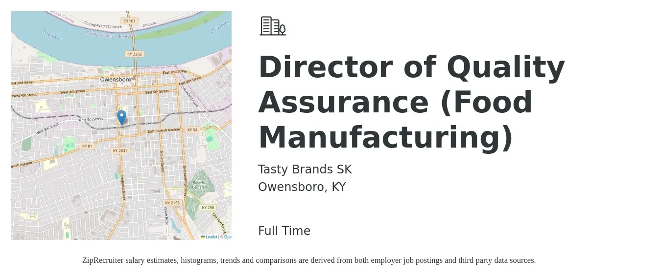 Tasty Brands SK job posting for a Director of Quality Assurance (Food Manufacturing) in Owensboro, KY with a salary of $101,900 to $167,200 Yearly with a map of Owensboro location.