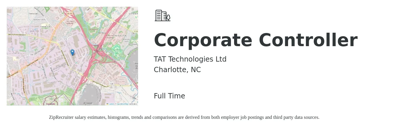 TAT Technologies Ltd job posting for a Corporate Controller in Charlotte, NC with a salary of $112,300 to $160,700 Yearly with a map of Charlotte location.