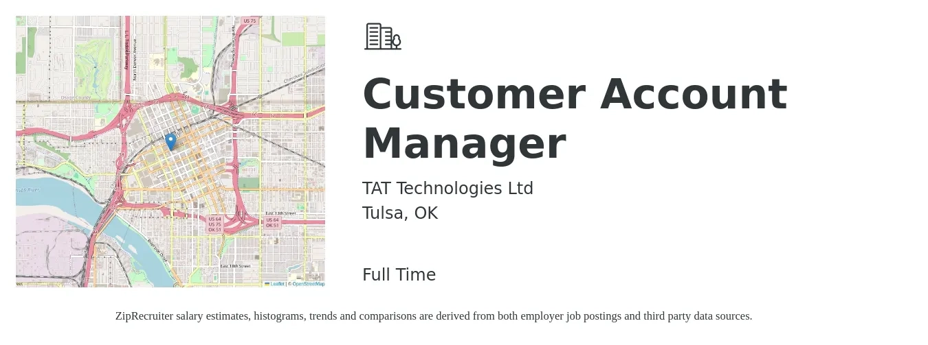 TAT Technologies Ltd job posting for a Customer Account Manager in Tulsa, OK with a salary of $33,800 to $49,300 Yearly with a map of Tulsa location.