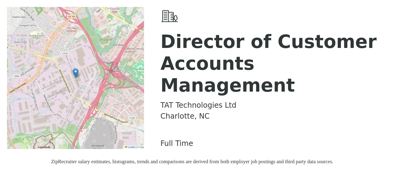 TAT Technologies Ltd job posting for a Director of Customer Accounts Management in Charlotte, NC with a salary of $86,000 to $133,500 Yearly with a map of Charlotte location.