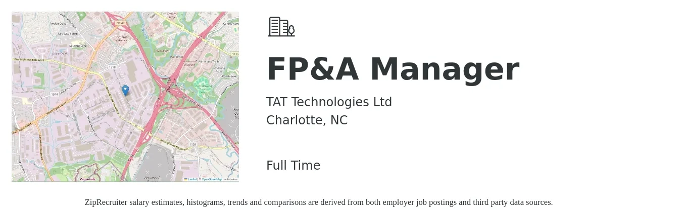 TAT Technologies Ltd job posting for a FP&A Manager in Charlotte, NC with a salary of $92,300 to $164,100 Yearly with a map of Charlotte location.