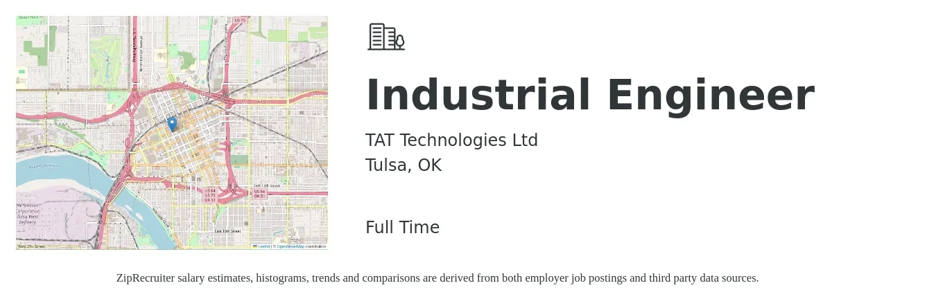 TAT Technologies Ltd job posting for a Industrial Engineer in Tulsa, OK with a salary of $62,500 to $84,400 Yearly with a map of Tulsa location.