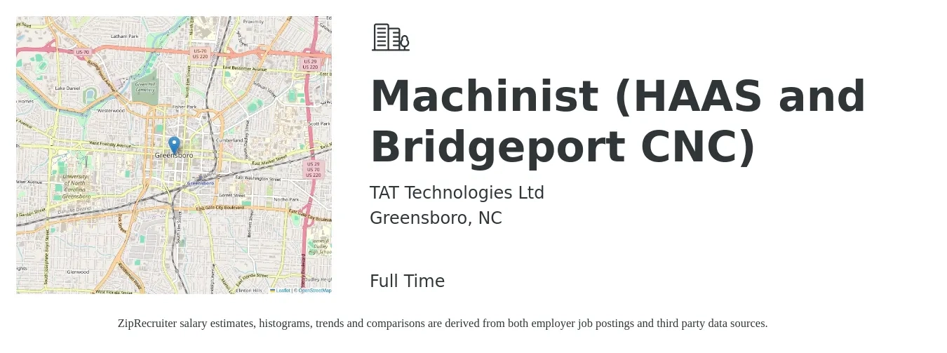 TAT Technologies Ltd job posting for a Machinist (HAAS and Bridgeport CNC) in Greensboro, NC with a salary of $20 to $27 Hourly with a map of Greensboro location.